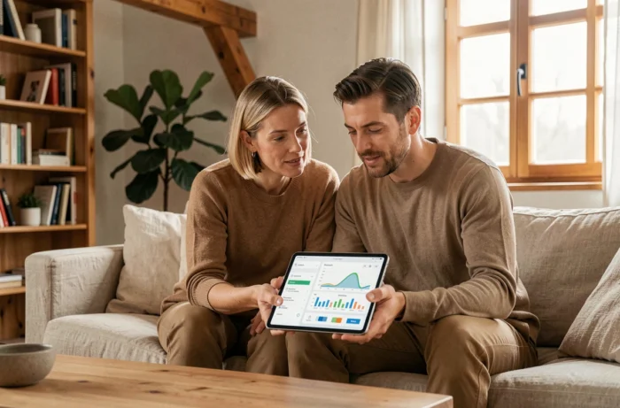 Couple consultant un tableau de bord de consommation énergétique sur tablette dans un salon scandinave éco-responsable