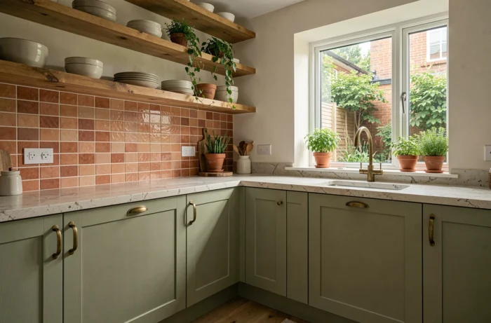 Cuisine rénovée de style scandinave avec armoires vert sauge, plan de travail en quartz et étagères ouvertes en bois récupéré