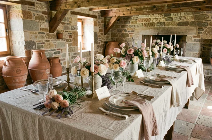 Table de réception de mariage décorée avec des roses, de la lavande et de la vaisselle vintage dans une ferme en pierre en Provence
