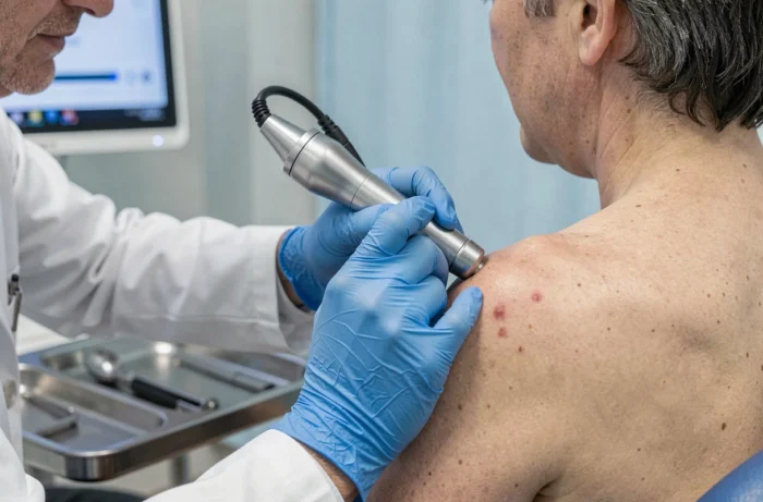 Dermatologue examinant un nodule cutané inflammatoire avec un dermatoscope sur le dos d'un patient
