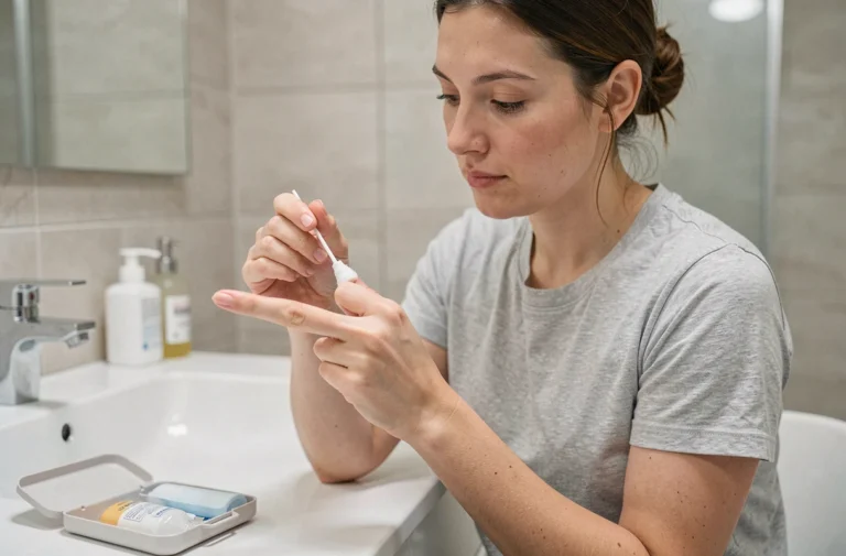 Femme appliquant un antiseptique sur un ongle arraché avec un coton-tige dans une salle de bain propre