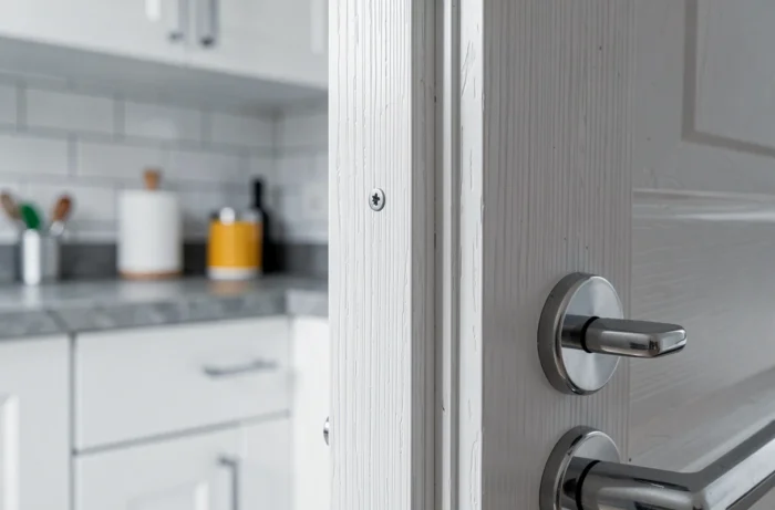 Gros plan sur le chant arrondi d'une porte postformée installée dans une cuisine contemporaine