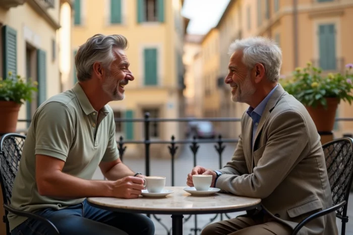 Deux hommes partageant un moment complice autour d'un café en terrasse dans un village provençal ensoleillé