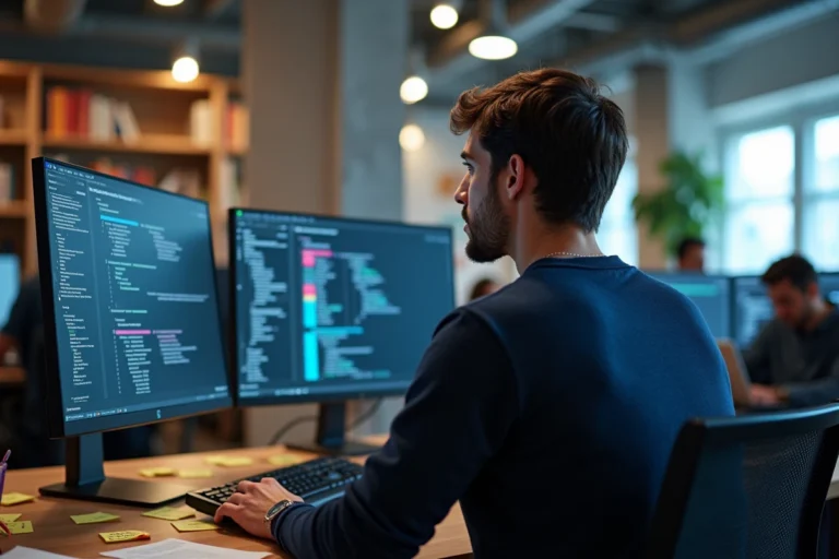 Développeur analysant des schémas de bases de données sur deux écrans dans un bureau tech moderne