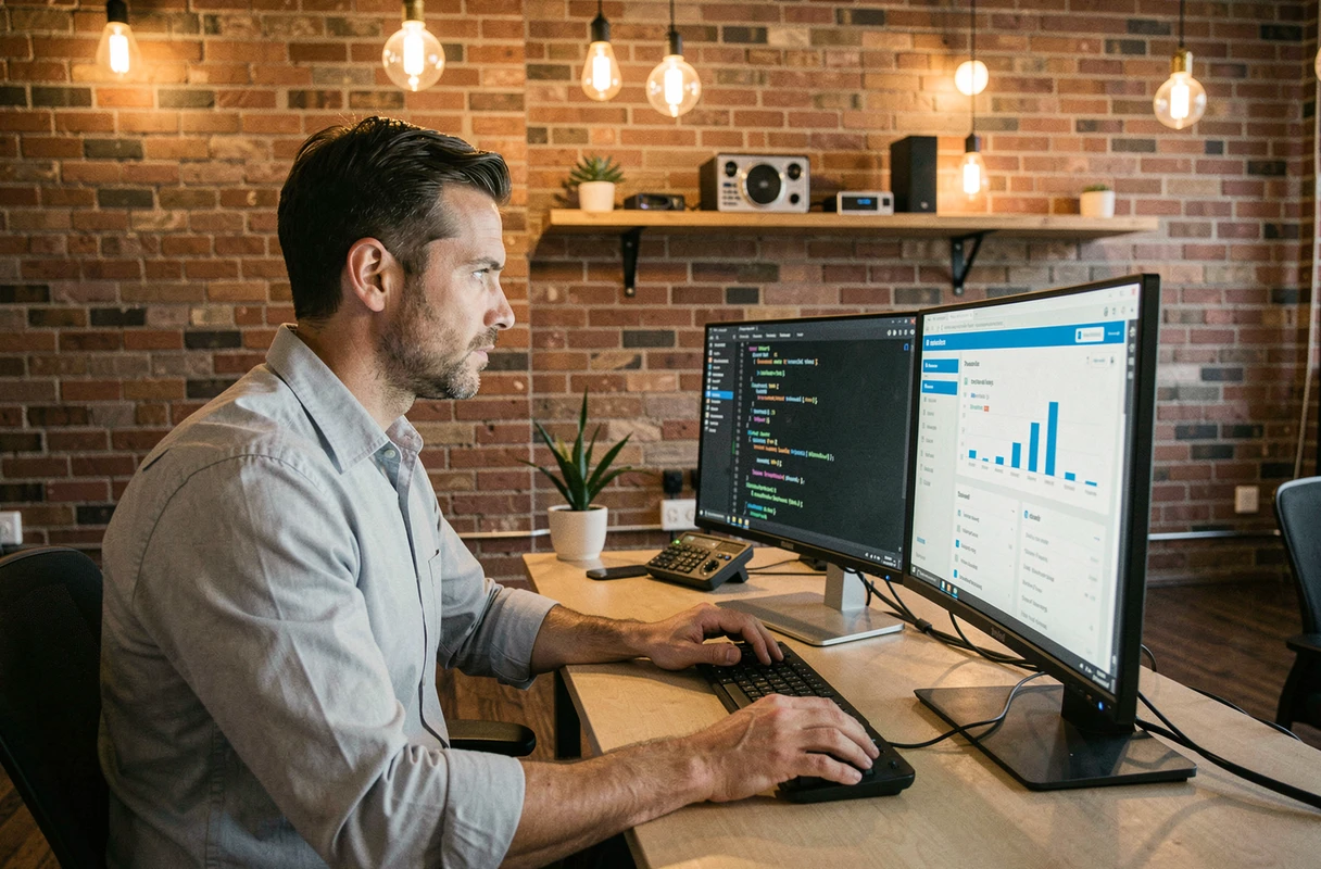 Développeur ou analyste travaillant sur un double écran avec code et plateforme de business intelligence dans un bureau de startup technologique
