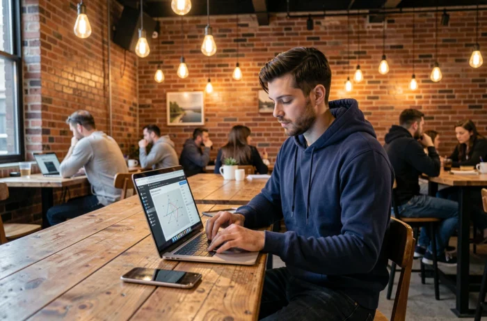 Développeur web travaillant sur des tendances numériques 2024 dans un café urbain branché avec son laptop