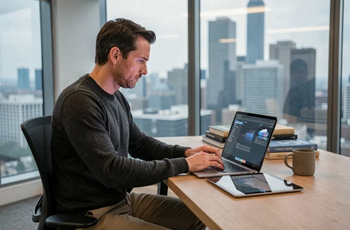 Dirigeant d'entreprise gérant ses outils informatiques cloud et cybersécurité depuis son bureau privé avec vue sur la ville