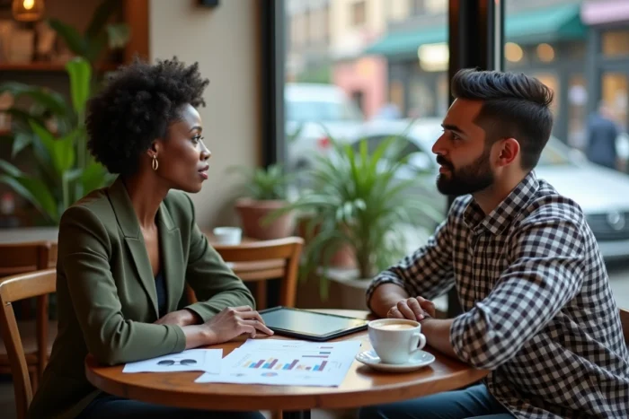 Deux entrepreneurs discutant d'un contrat commercial autour d'un café dans un cadre urbain