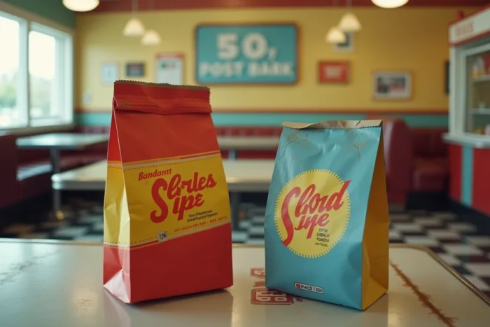 Deux emballages rétro de fast-food posés côte à côte sur un comptoir de diner américain vintage, symbolisant la rivalité historique entre McDonald's et Burger King