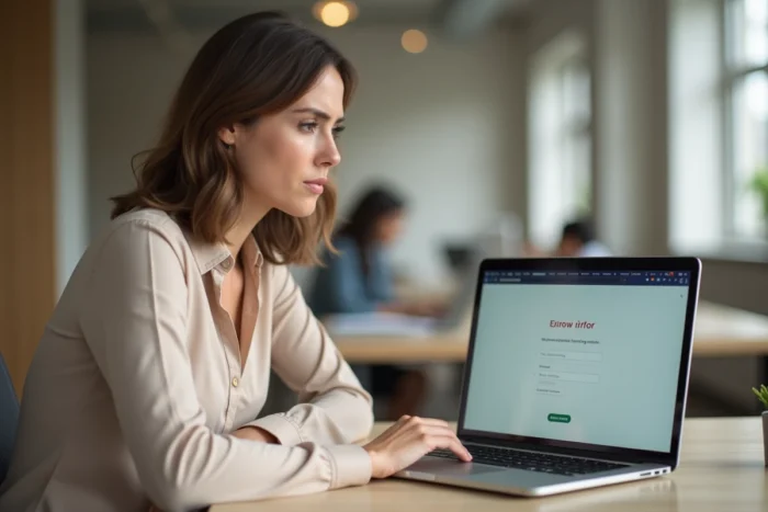 Employée L'Oréal frustrée face à une erreur de connexion sur son ordinateur portable au bureau