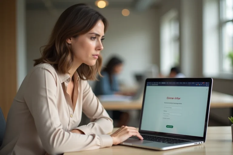 Employée L'Oréal frustrée face à une erreur de connexion sur son ordinateur portable au bureau