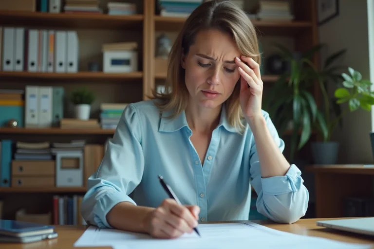 Enseignante examinant attentivement son bulletin de salaire à son bureau à domicile