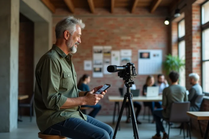 Entrepreneur créatif enregistrant du contenu multimédia avec microphone et smartphone dans un espace de coworking industriel