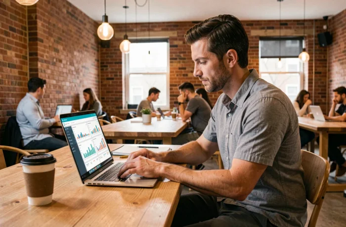 Entrepreneur masculin optimisant son activité sur une plateforme de gestion en espace de coworking