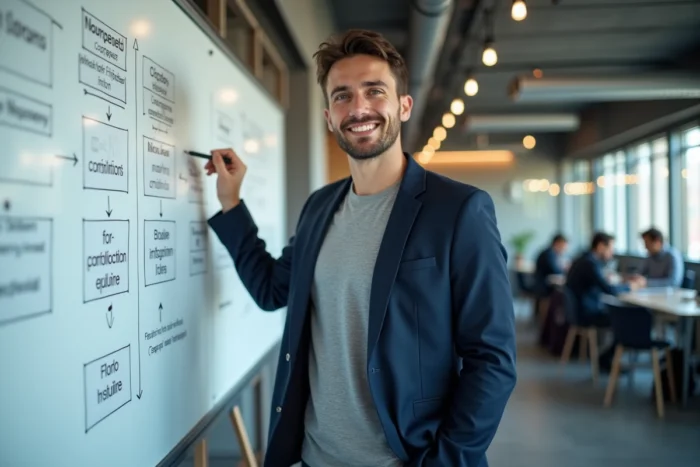 Jeune entrepreneur masculin présentant sa stratégie de lancement de startup sur un tableau blanc en espace de coworking