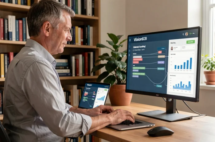 Entrepreneur en télétravail utilisant un logiciel CRM B2B et marketing automation sur double écran dans un bureau à domicile