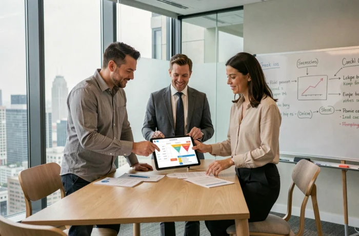 Équipe B2B en réunion collaborative autour d'une tablette présentant une stratégie d'intégration CRM et marketing automation