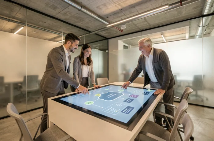 Équipe professionnelle collaborant autour d'un écran interactif pour optimiser leur infrastructure informatique en entreprise