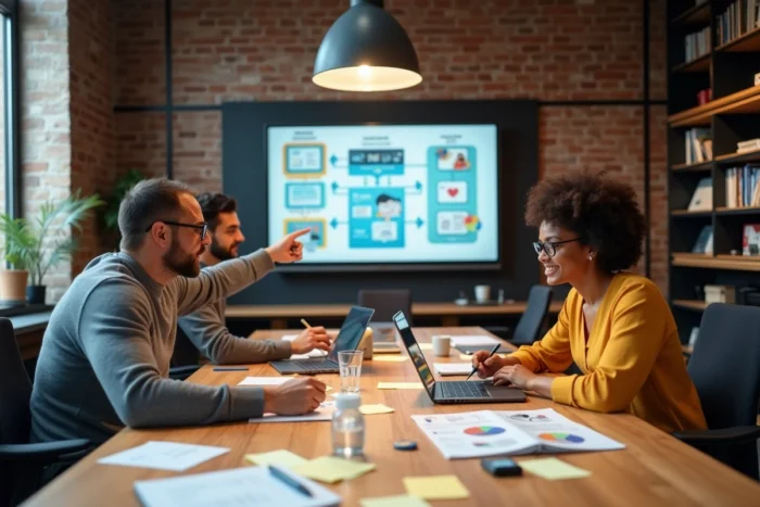 Équipe de professionnels collaborant sur une stratégie de communication digitale autour d'une table de conférence avec des outils numériques
