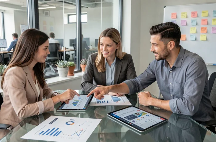 Équipe de professionnels collaborant autour des dernières tendances du web et du digital en salle de réunion moderne