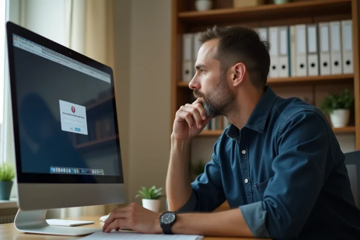 Homme résolvant une erreur de connexion sur un écran d'ordinateur dans un bureau à domicile