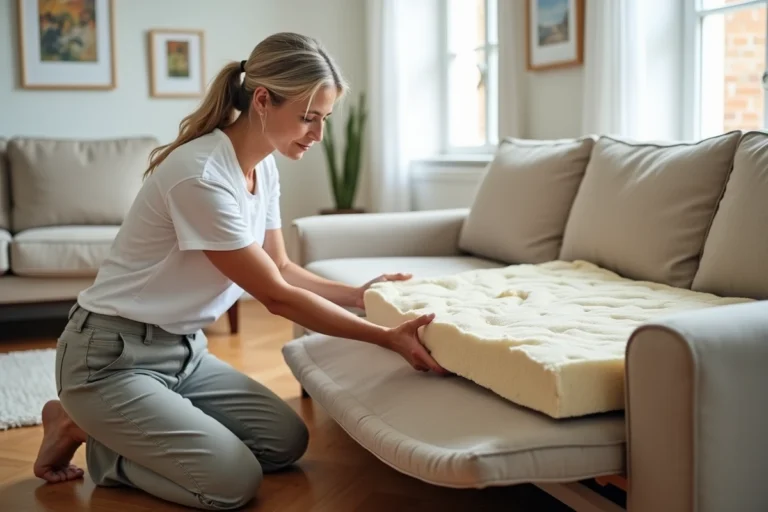 Femme examinant la mousse usée d'un canapé Poltronesofa avant remplacement