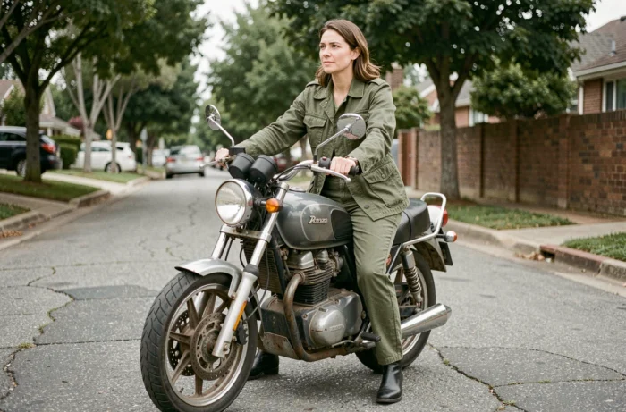Femme évaluant une moto d'occasion dans une rue résidentielle