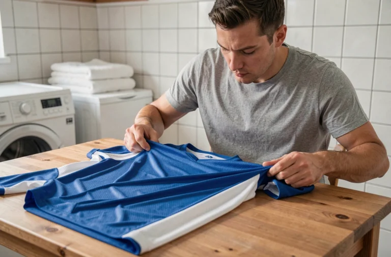 Homme étirant un maillot de foot bleu et blanc sur une table en bois dans une buanderie à domicile