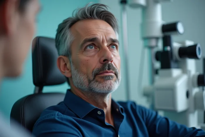 Homme aux yeux bleus avec tache jaune centrale examiné dans un cabinet d'ophtalmologie