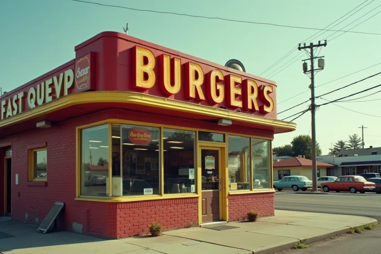 Façade vintage d'un restaurant fast-food américain des années 1950 avec enseigne rétro rouge et jaune, évoquant les origines historiques de McDonald's et Burger King