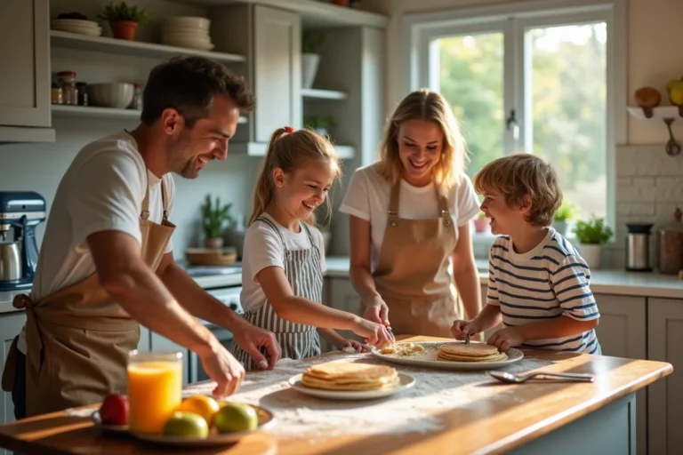 Famille réunie autour de la table de cuisine le dimanche matin en train de préparer des pancakes ensemble
