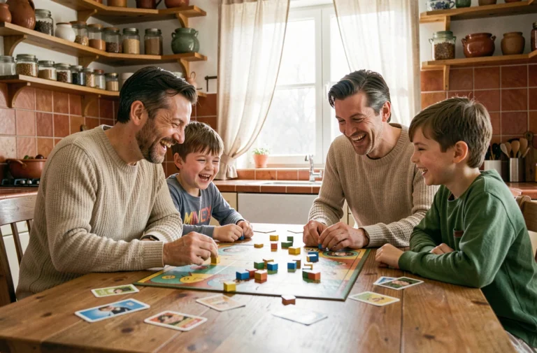 Famille réunie autour d'un jeu de société sur une table en bois dans une cuisine chaleureuse, parents et enfants riant ensemble
