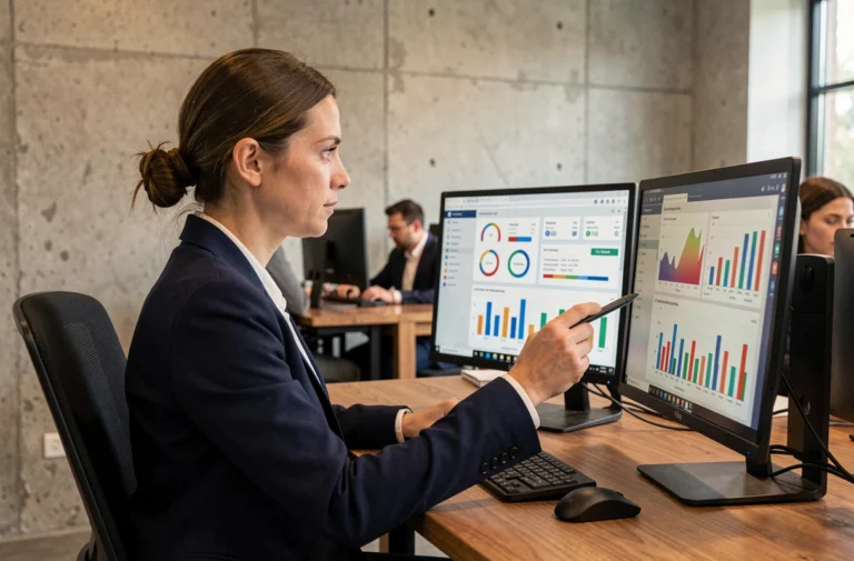 Femme analyste de données travaillant sur des tableaux de bord numériques dans un bureau moderne, illustrant une formation data analyst avec Pôle emploi
