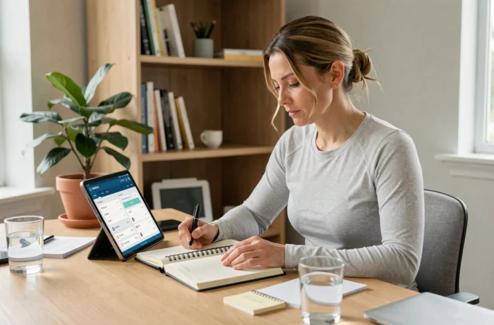 Femme consultant les avis sur un programme de remise en forme Reborn21 sur tablette dans un bureau à domicile