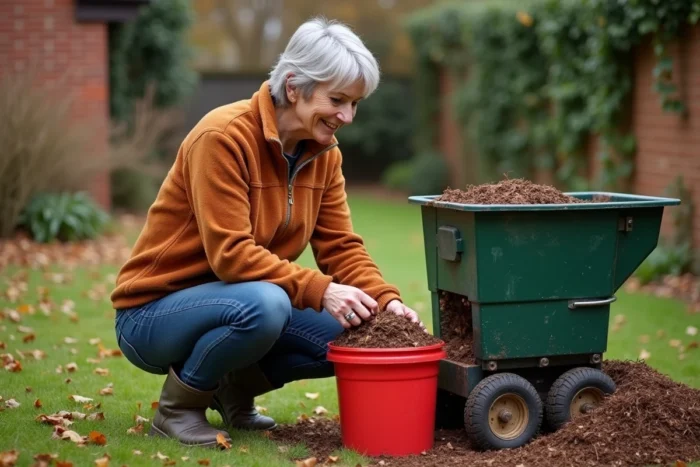 Femme récupérant le broyat de végétaux dans un seau rouge à côté d'un broyeur de jardin en automne, avec feuilles mortes et jardin en arrière-plan