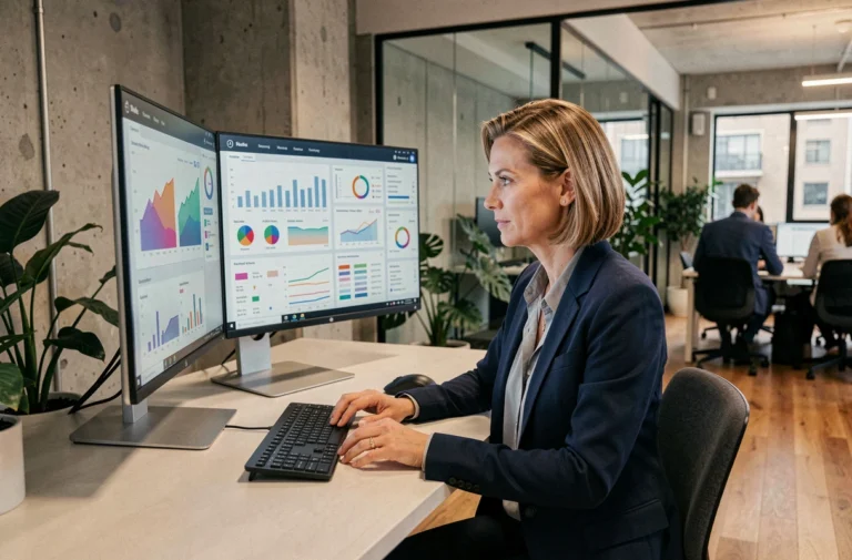 Femme cadre utilisant des solutions informatiques Digiterio sur double écran dans un open space moderne