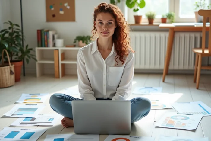 Femme développeuse comparant des logiciels de gestion de bases de données dans un bureau minimaliste