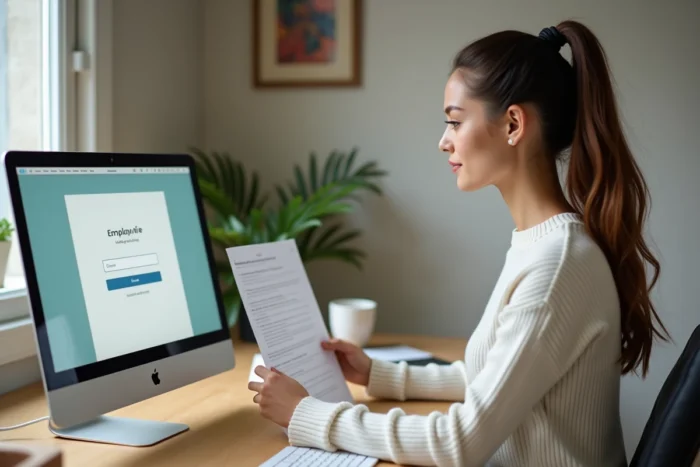 Femme à domicile consultant un document imprimé pour résoudre un problème d'accès à la vente au personnel L'Oréal