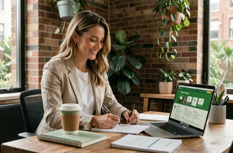 Femme professionnelle consultant une plateforme d'emplois écoresponsables sur son ordinateur dans un espace de coworking végétalisé