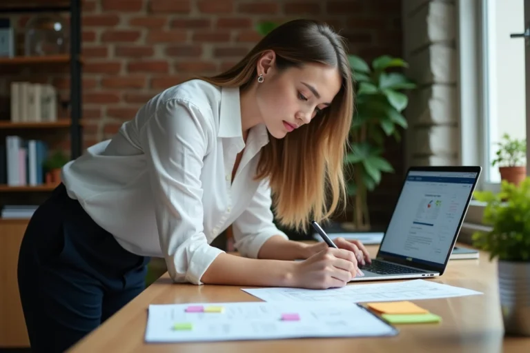 Femme entrepreneur concentrée sur son plan d'affaires dans un bureau minimaliste en 2024