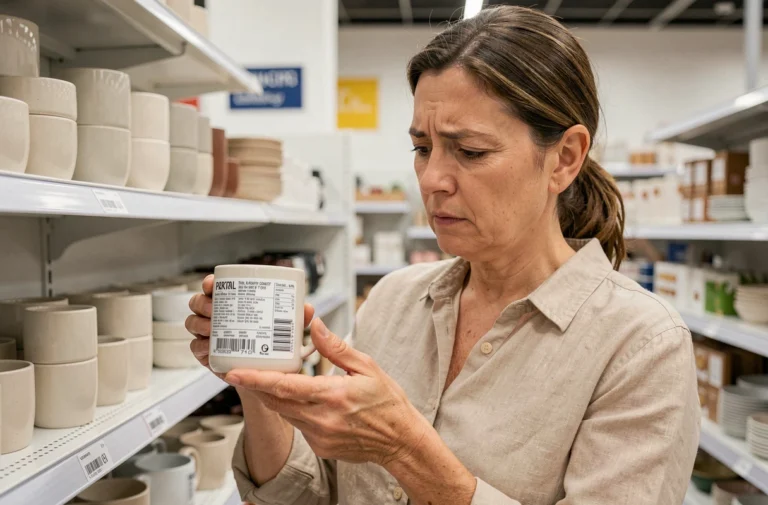 Femme examinant l'étiquette d'un produit avec la mention Made in EEC dans un supermarché