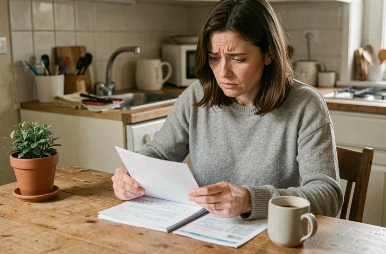 Femme consultantune fiche de paie à la maison pour comprendre ses droits au RSA avec un salaire de 1500 euros