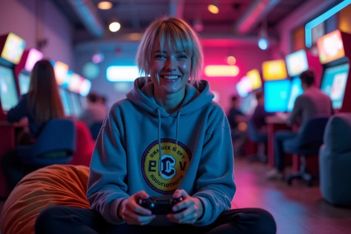 Jeune femme joueuse tenant une manette dans un salon de gaming moderne décoré de panneaux lumineux et de machines d'arcade, atmosphère pop culture contemporaine