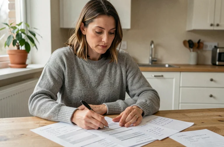 Femme consultant ses fiches de budget à la table de cuisine pour mieux gérer ses finances personnelles