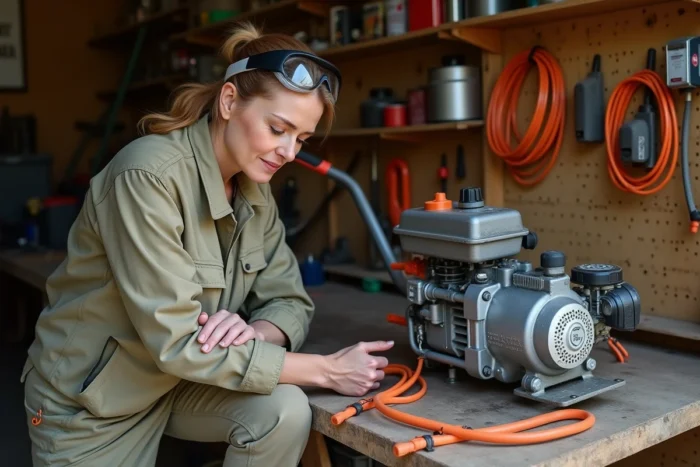 Femme inspectant le guide-lame d'une débroussailleuse thermique professionnelle dans un atelier de jardin