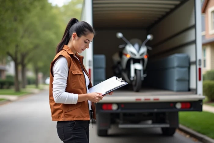 Femme consultant un contrat de location de camion porte-moto devant un véhicule de transport en zone résidentielle