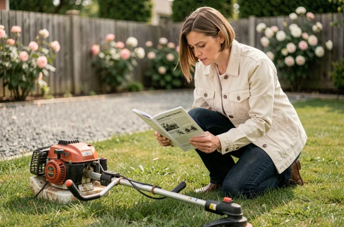 Femme lisant le manuel d'un coupe-bordure thermique avant utilisation dans un jardin résidentiel