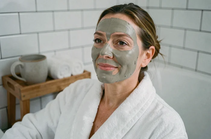Femme avec masque d'argile posé sur le visage se relaxant dans une salle de bain moderne, routine beauté et soins visage