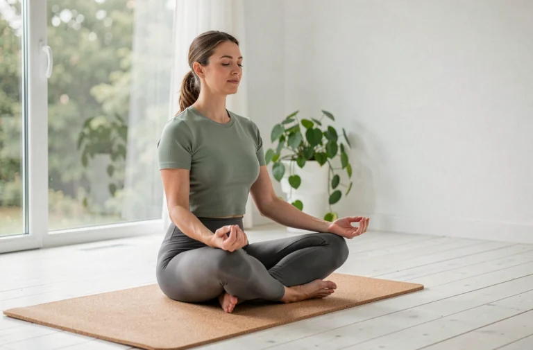 Femme en posture de méditation sur un tapis de yoga en liège dans un salon minimaliste aux tons naturels, illustrant l'équilibre corps et esprit grâce au yoga