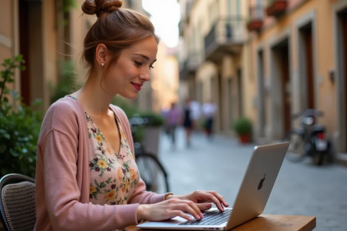 Jeune femme nomade digitale dans un café en rue pavée européenne, recherchant des activités culturelles à faire en ligne lors d'un voyage